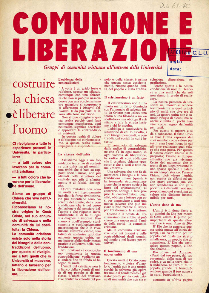 Novembre 1969. La première page de la gazette sur laquelle apparaît pour la première fois le nom de « Communion et Libération ». © Fraternité de CL